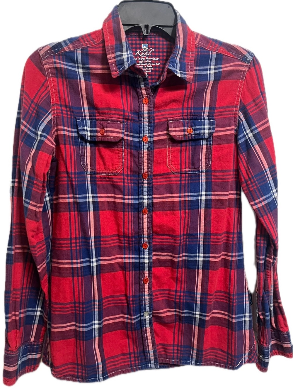 KUHL Plaid Flannel Button Up Shirt Red Blue Long Sleeve Back Logo, Women’s SZ XS